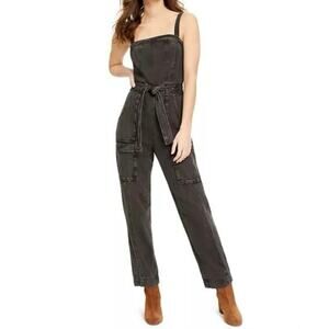 FREE PEOPLE Go West Black Open Back Tie Waist Cargo Utility Jumpsuit Size S